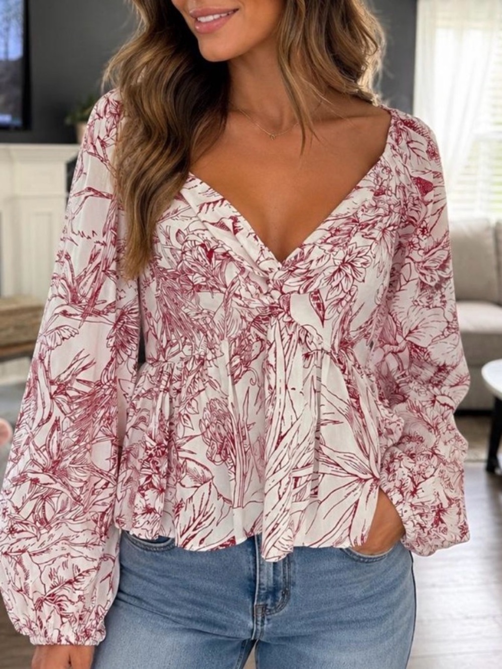 Express White and Burgundy Floral Tie-Front V-Neck Blouse